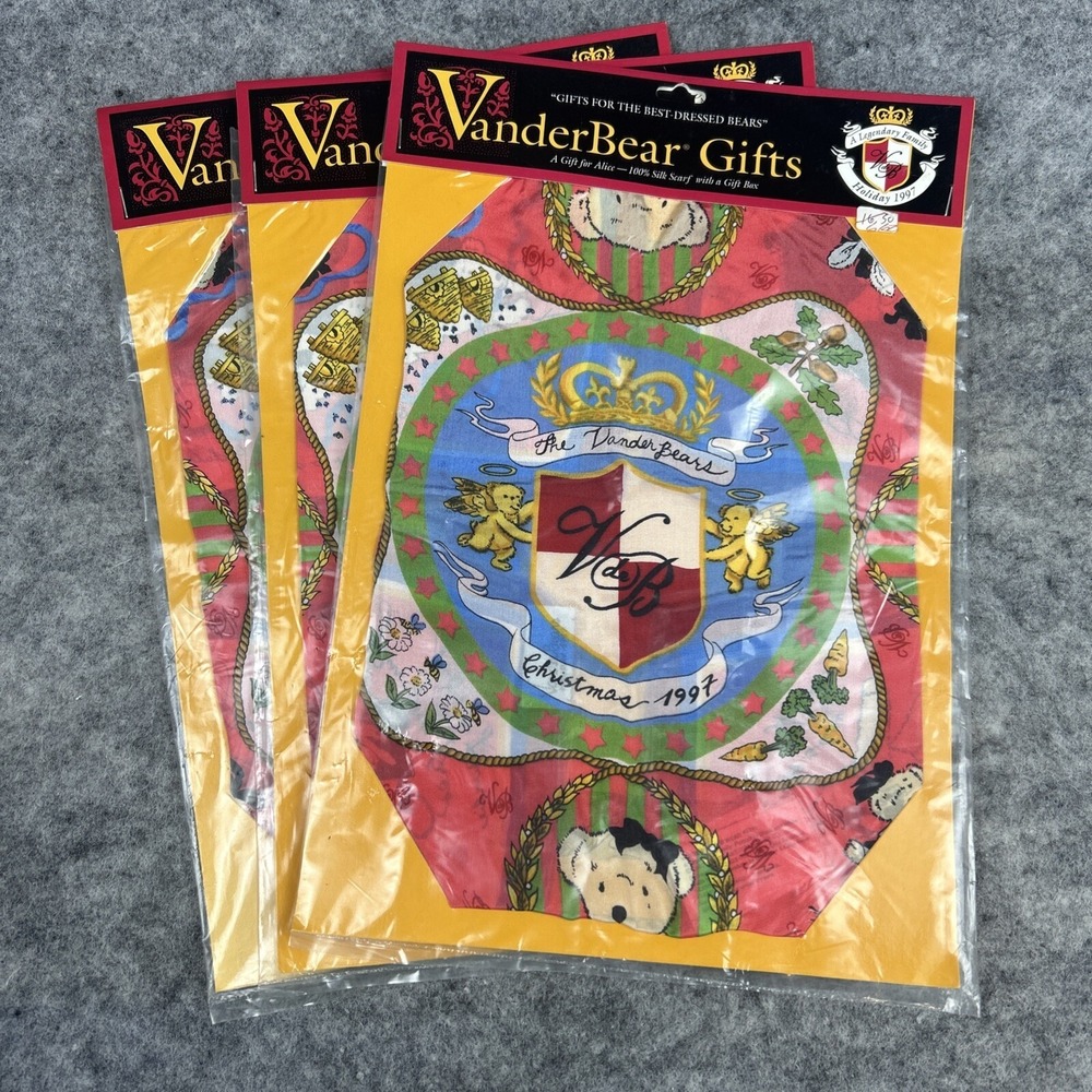 Lot of 3 VanderBear Gifts Muffy 100% Silk Scarf & Gift Box Christmas 1997‎ New